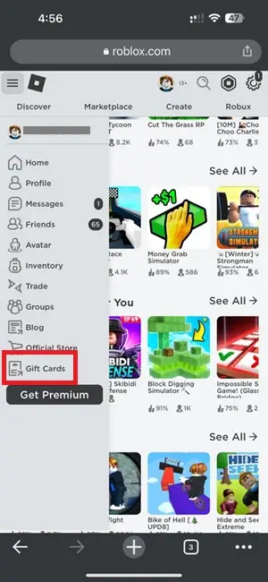 Gift Card option in Roblox web version