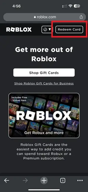 Redeem Gift card option in Roblox web version