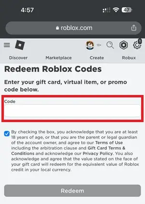 Enter gift card code option in Roblox