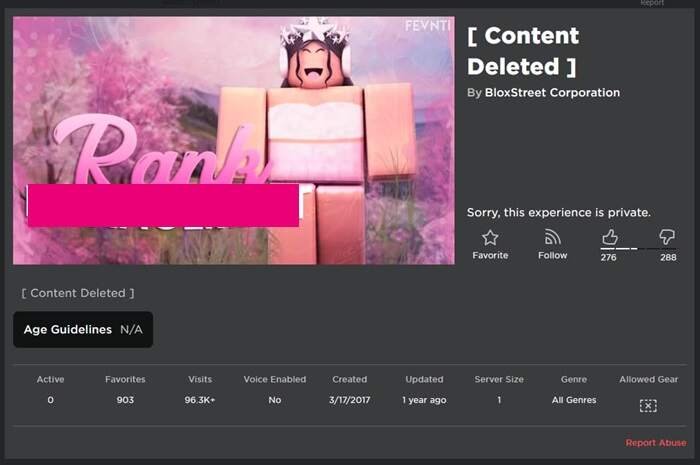 Content Deleted by creator on Roblox experience