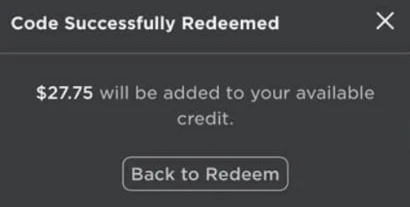 Code Successfully Redeemed message in Roblox